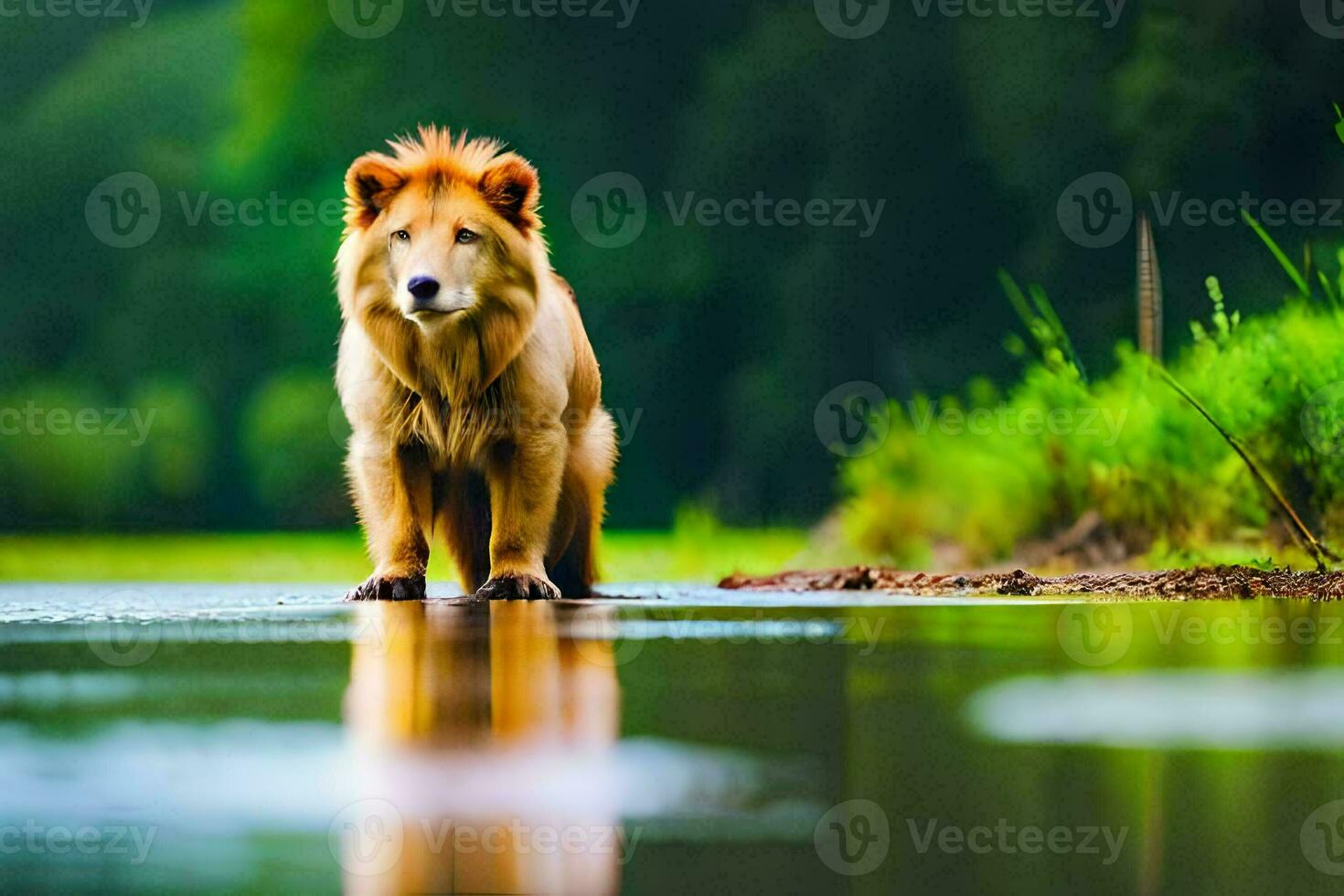 une Lion permanent dans le l'eau près une rivière. généré par ai photo