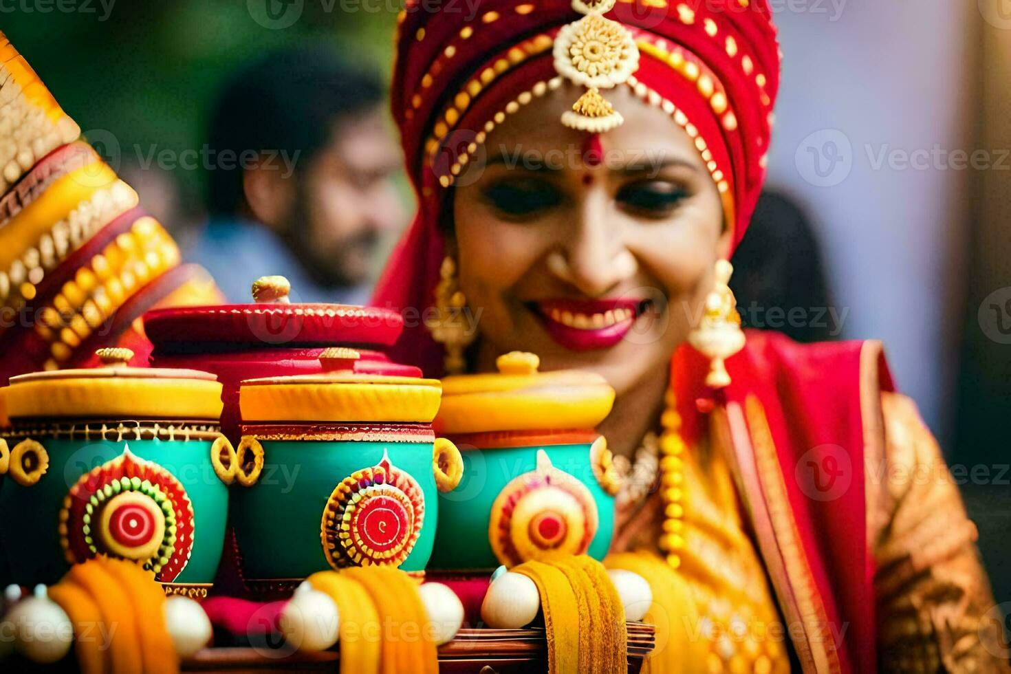 une femme dans traditionnel Indien tenue en portant une plateau de marmites. généré par ai photo