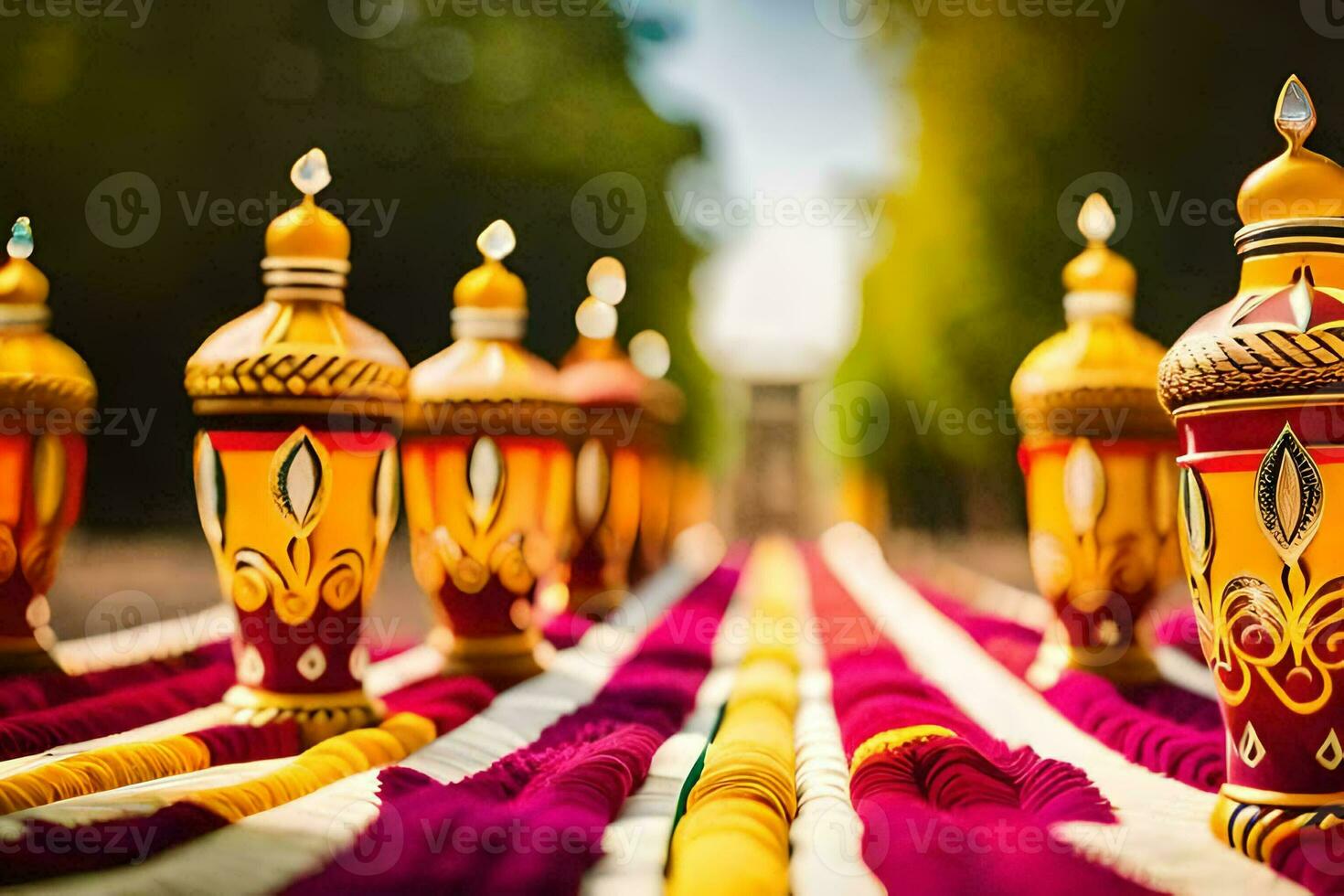 une rangée de coloré des vases sur une longue tableau. généré par ai photo