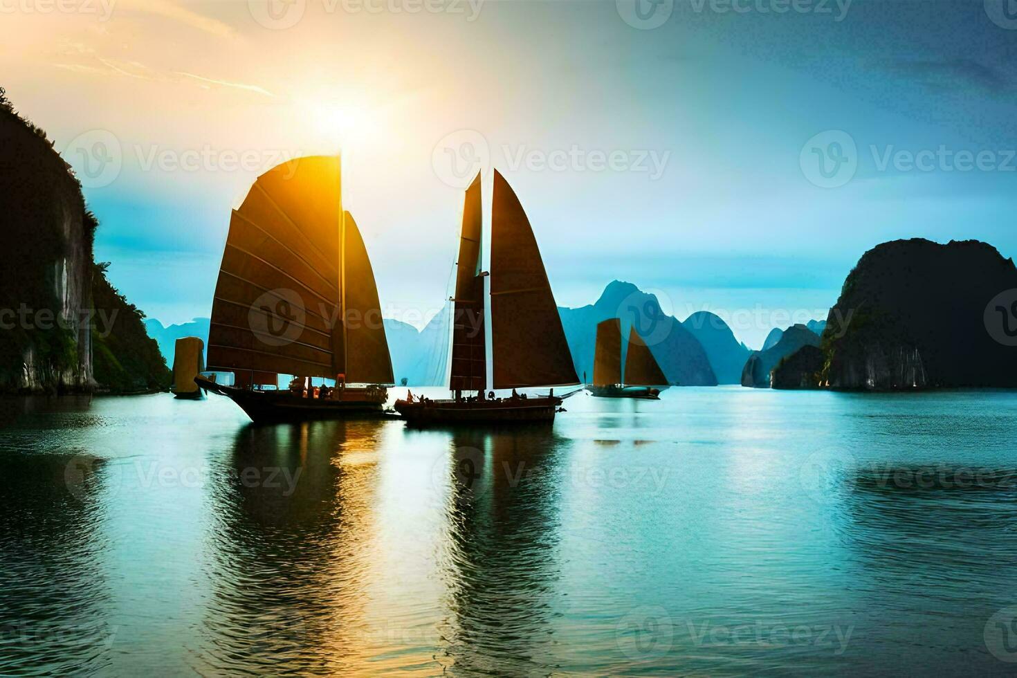 Trois bateaux dans le l'eau avec montagnes dans le Contexte. généré par ai photo