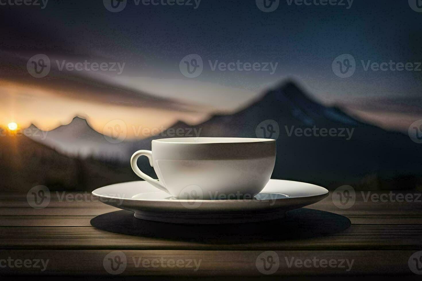 café tasse sur une en bois table avec montagnes dans le Contexte. généré par ai photo