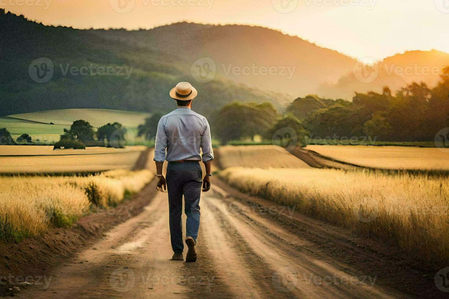 une homme dans une chapeau des promenades vers le bas une saleté route. généré par ai photo