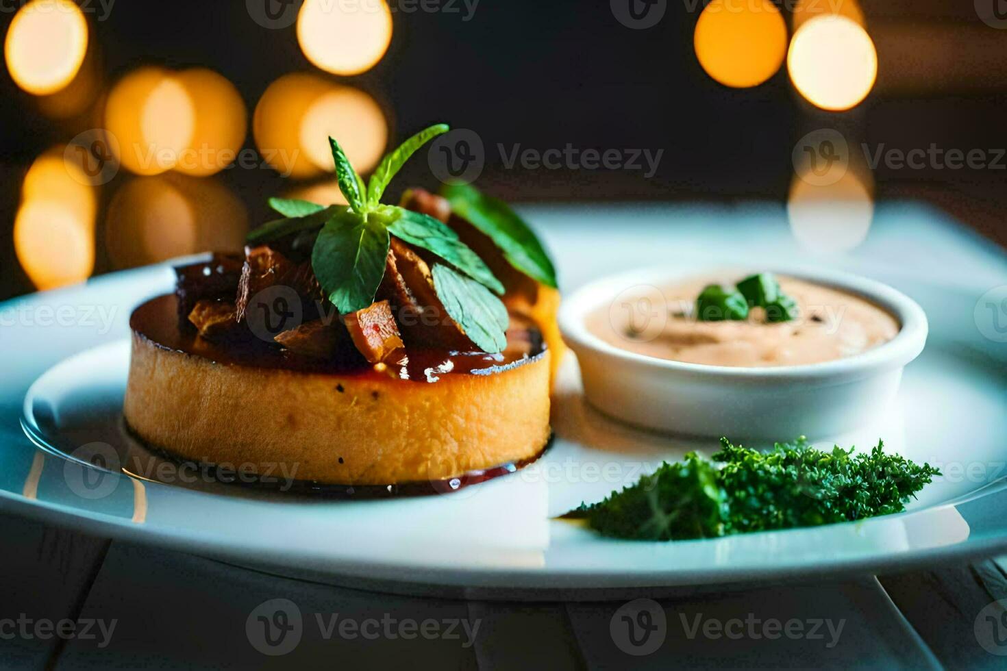 une dessert sur une assiette avec une sauce. généré par ai photo