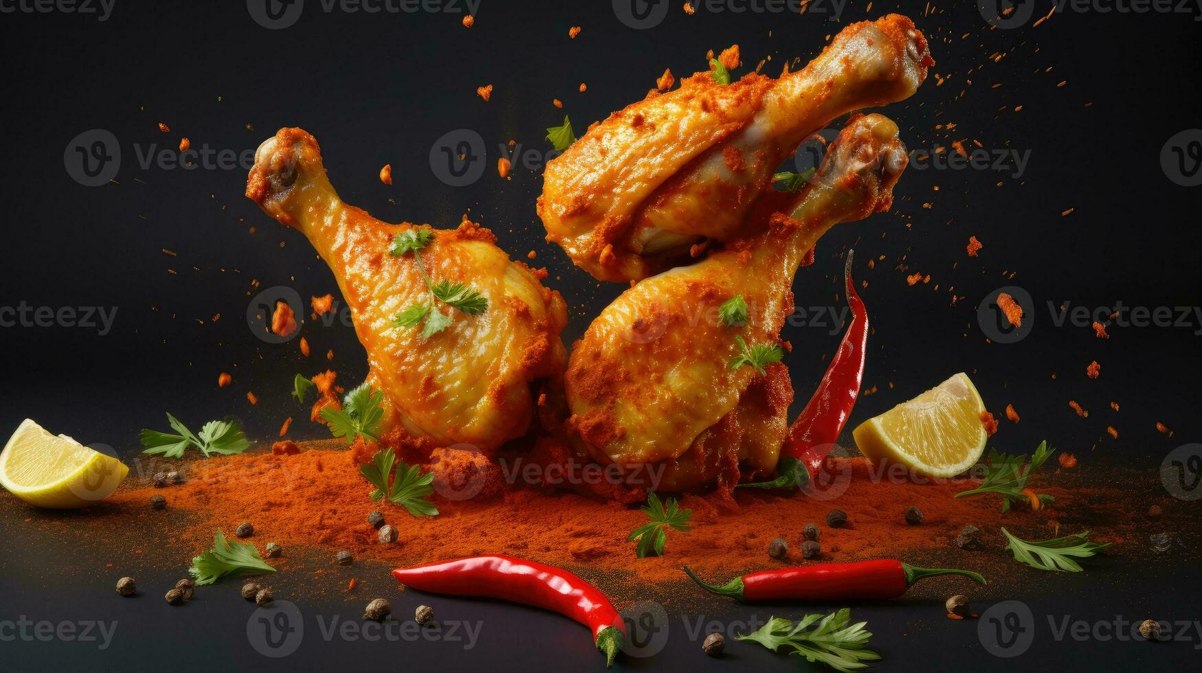 poulet jambe pièces chuté dans pimenter Masala. fabrication prêt avant cuisson. studio coup produit la photographie dans foncé Contexte toile. ai généré photo