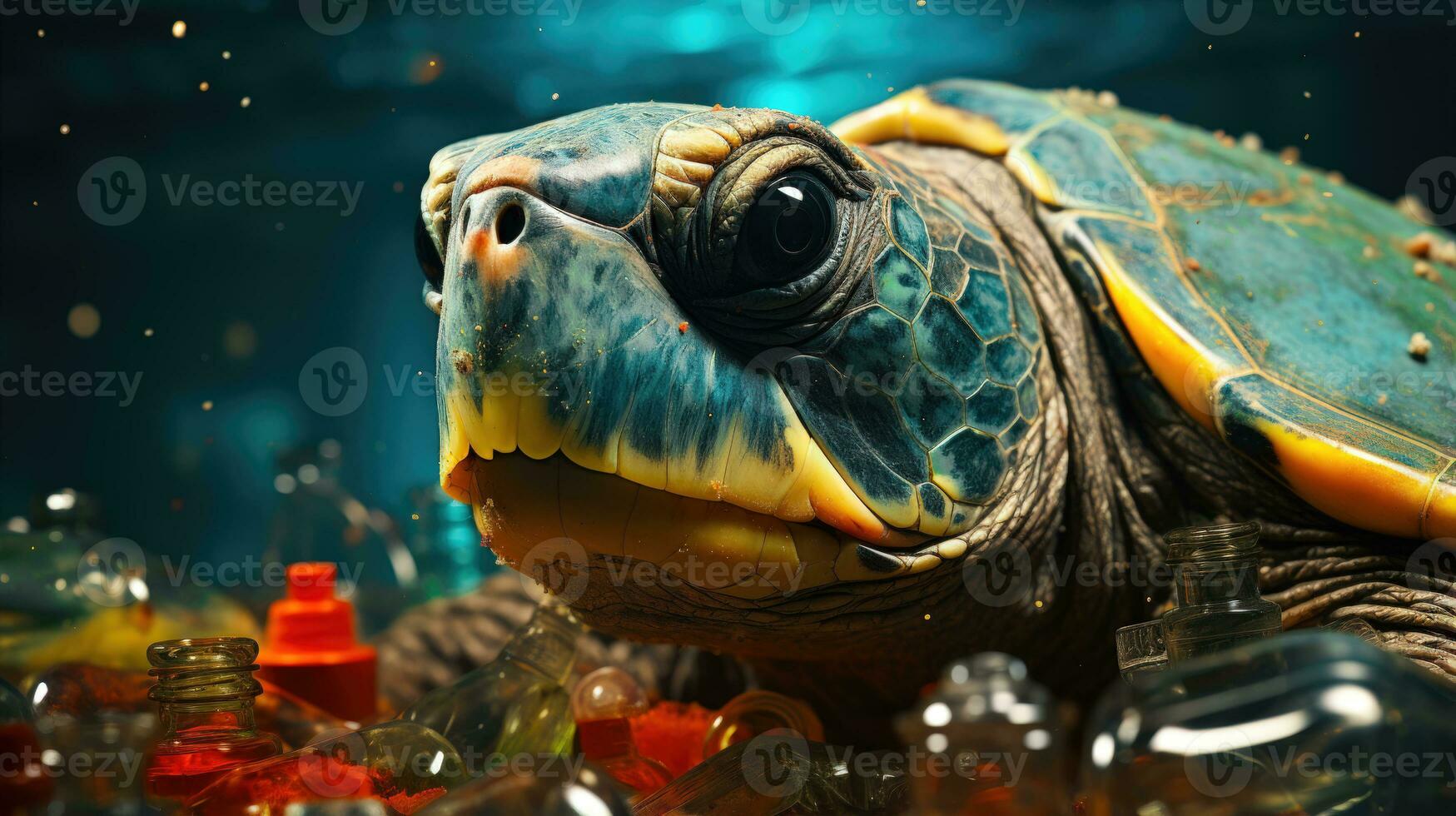 la pollution conséquences microplastique impact et la pollution sur animaux et l'eau animaux avec tortue ai généré photo