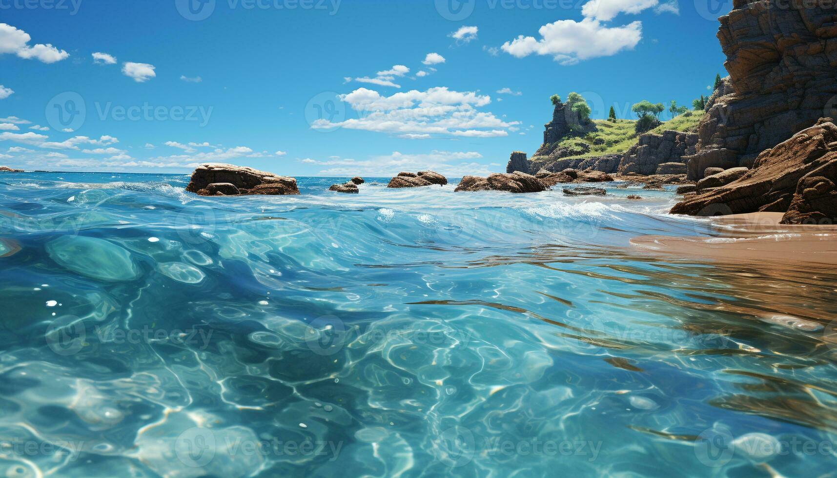 une tranquille scène de une majestueux littoral, l'eau reflétant lumière du soleil généré par ai photo