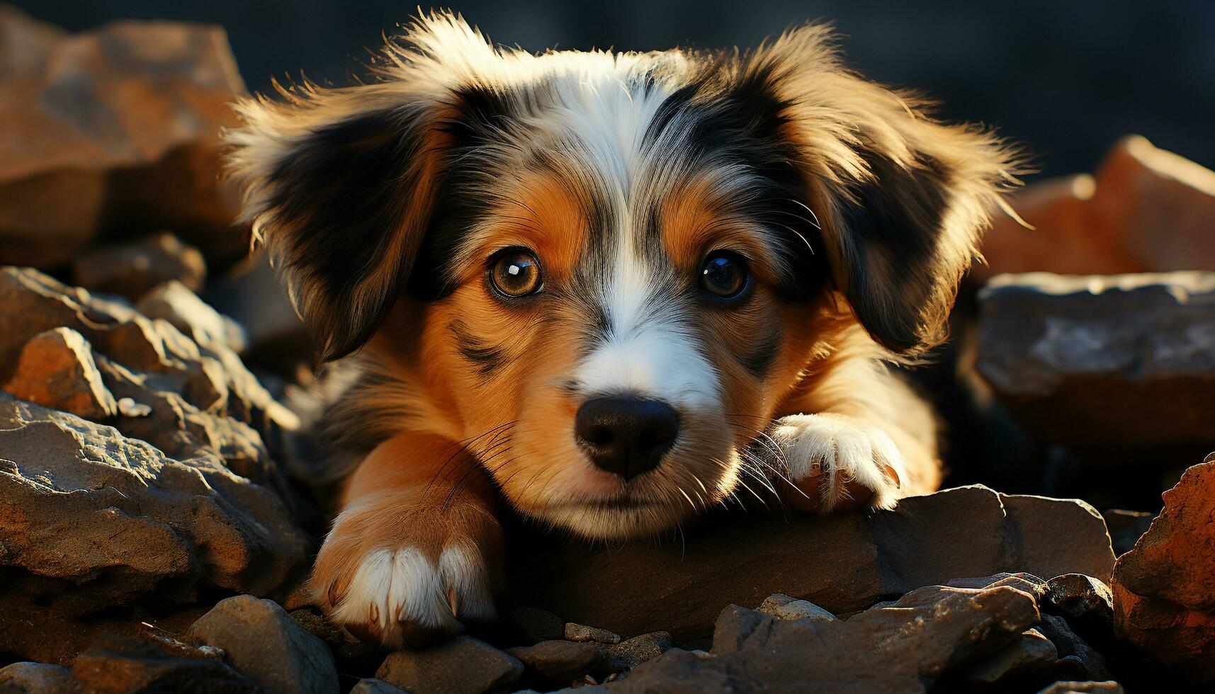 mignonne chiot séance dans nature, à la recherche à caméra avec fidélité généré par ai photo