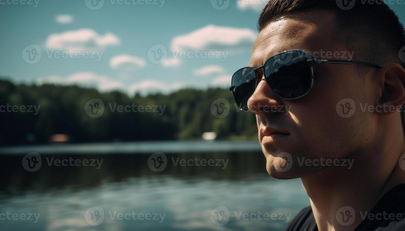 une sur de soi homme, des lunettes de soleil reflétant la nature beauté, profiter été solitude généré par ai photo