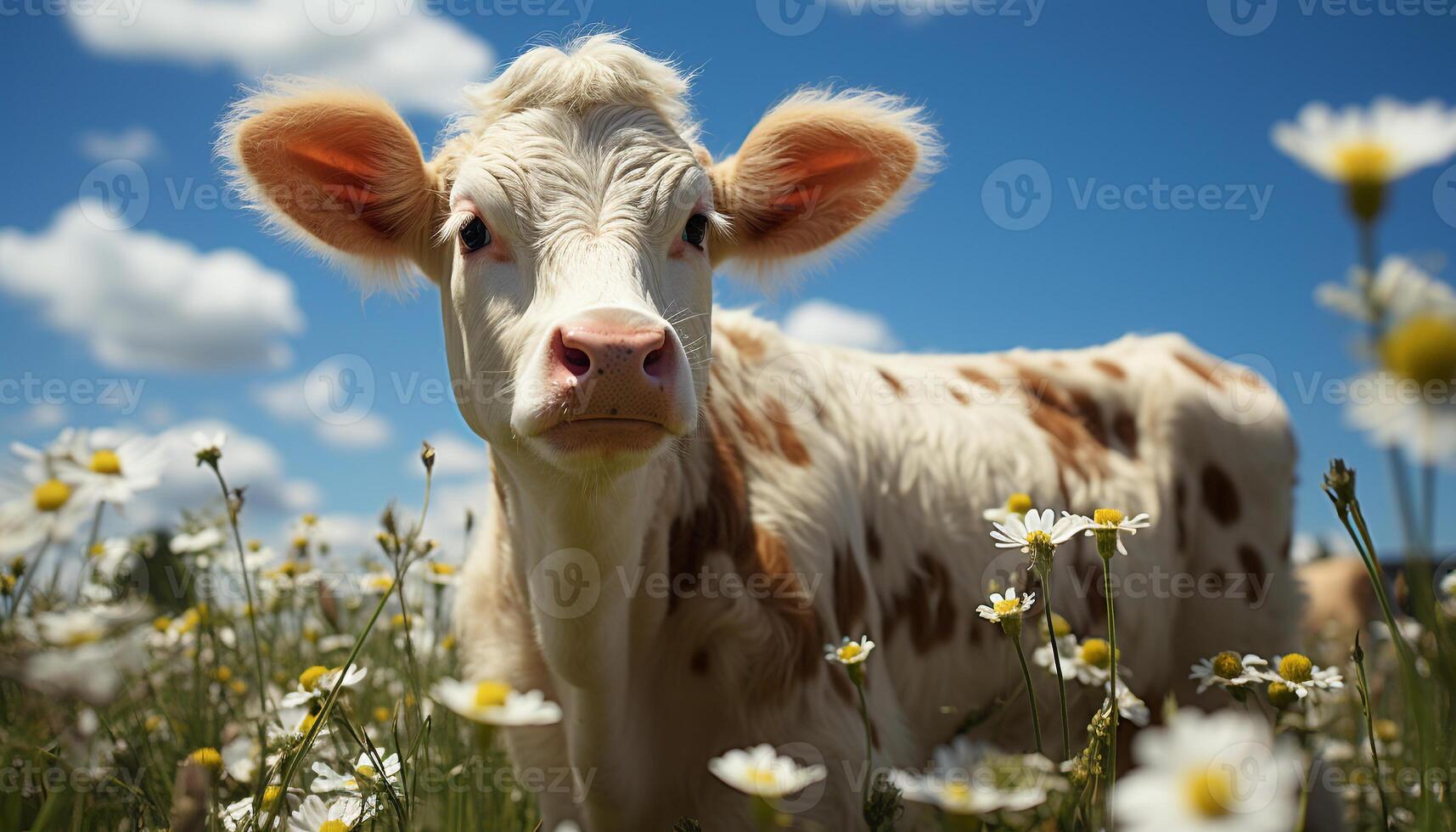 mignonne vache pâturage dans vert prairie, profiter le été lumière du soleil généré par ai photo