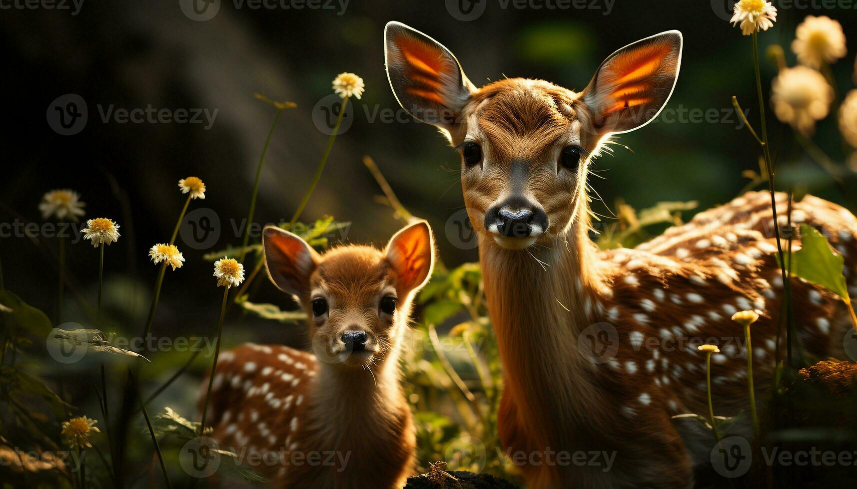 mignonne cerf permanent dans prairie, à la recherche à caméra, entouré par la nature généré par ai photo