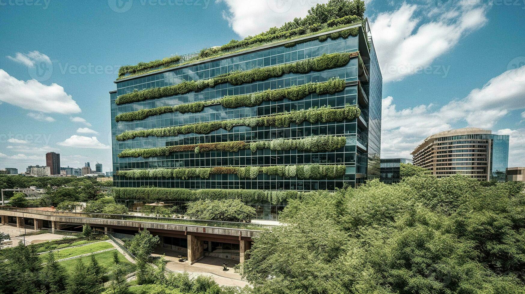 une vibrant photo de une vert Bureau bâtiment trempé dans lumière du jour génératif ai