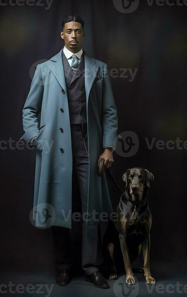 élégant noir homme avec américain style manteau et grand chien génératif ai photo