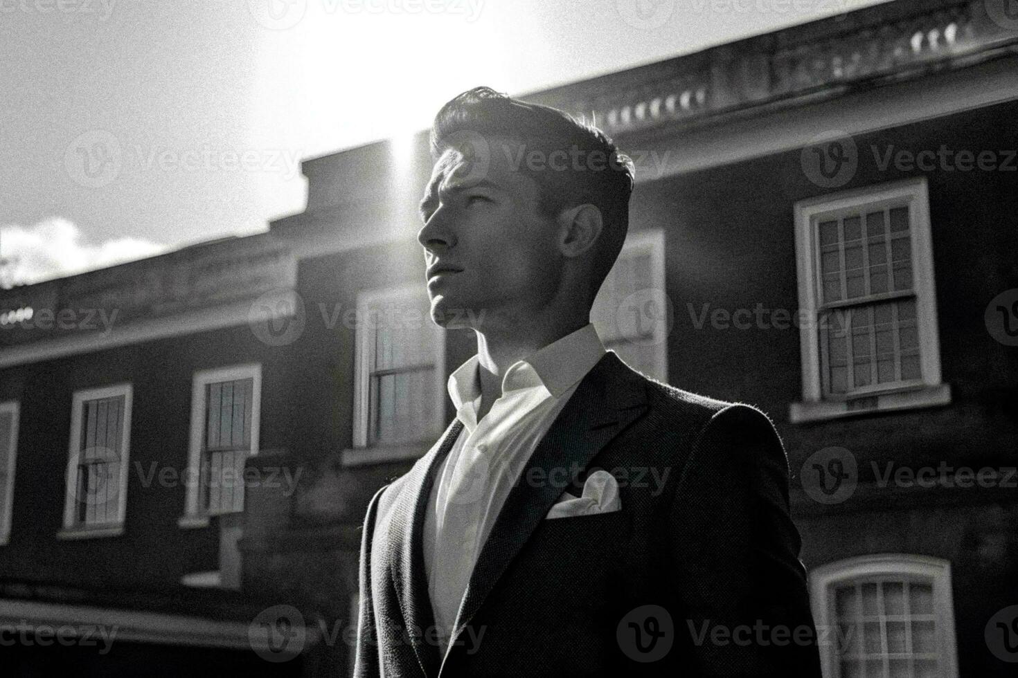 élégance dans lumière du soleil Jeune homme dans contrastant ombres génératif ai photo