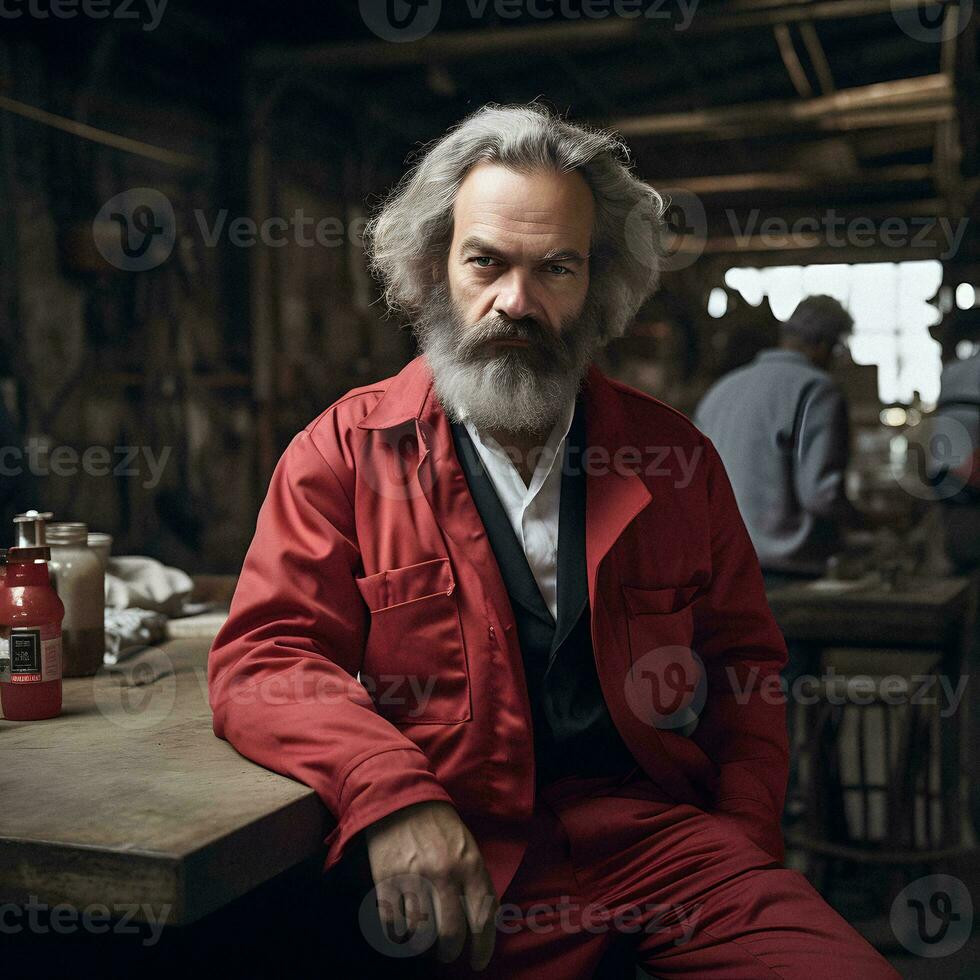 moderne Karl marx rouge habillé ouvrier dans ai généré usine scène photo