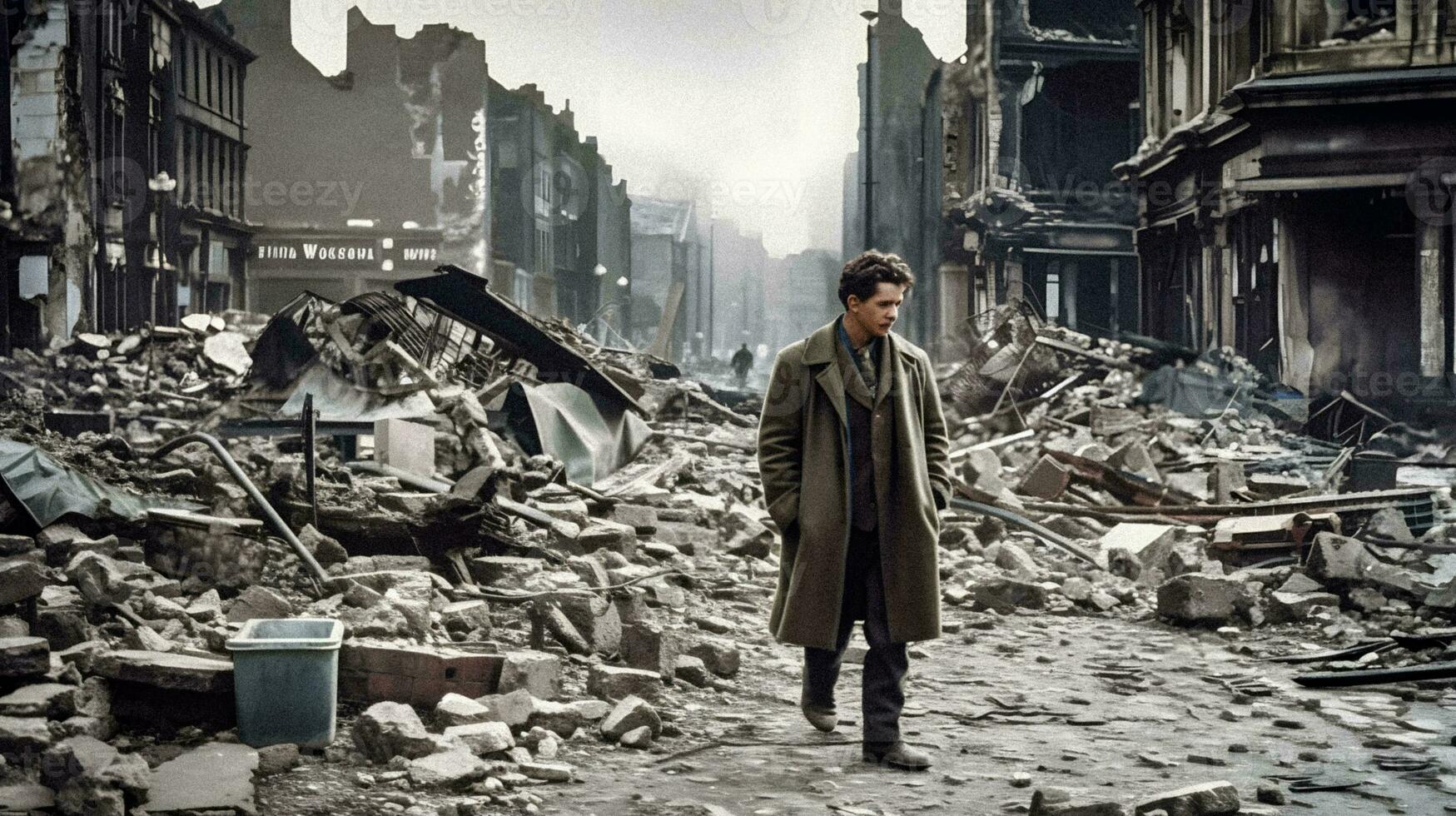résistance au milieu de le chaos élégant homme en marchant par la Seconde Guerre mondiale bombardé ville décombres génératif ai photo