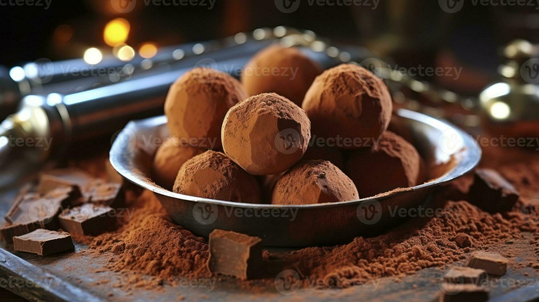 délicieux dessert. Chocolat truffes. fait maison Frais truffe foncé Chocolat des sucreries avec cacao poudre fabriqué par chocolatier. génératif ai photo