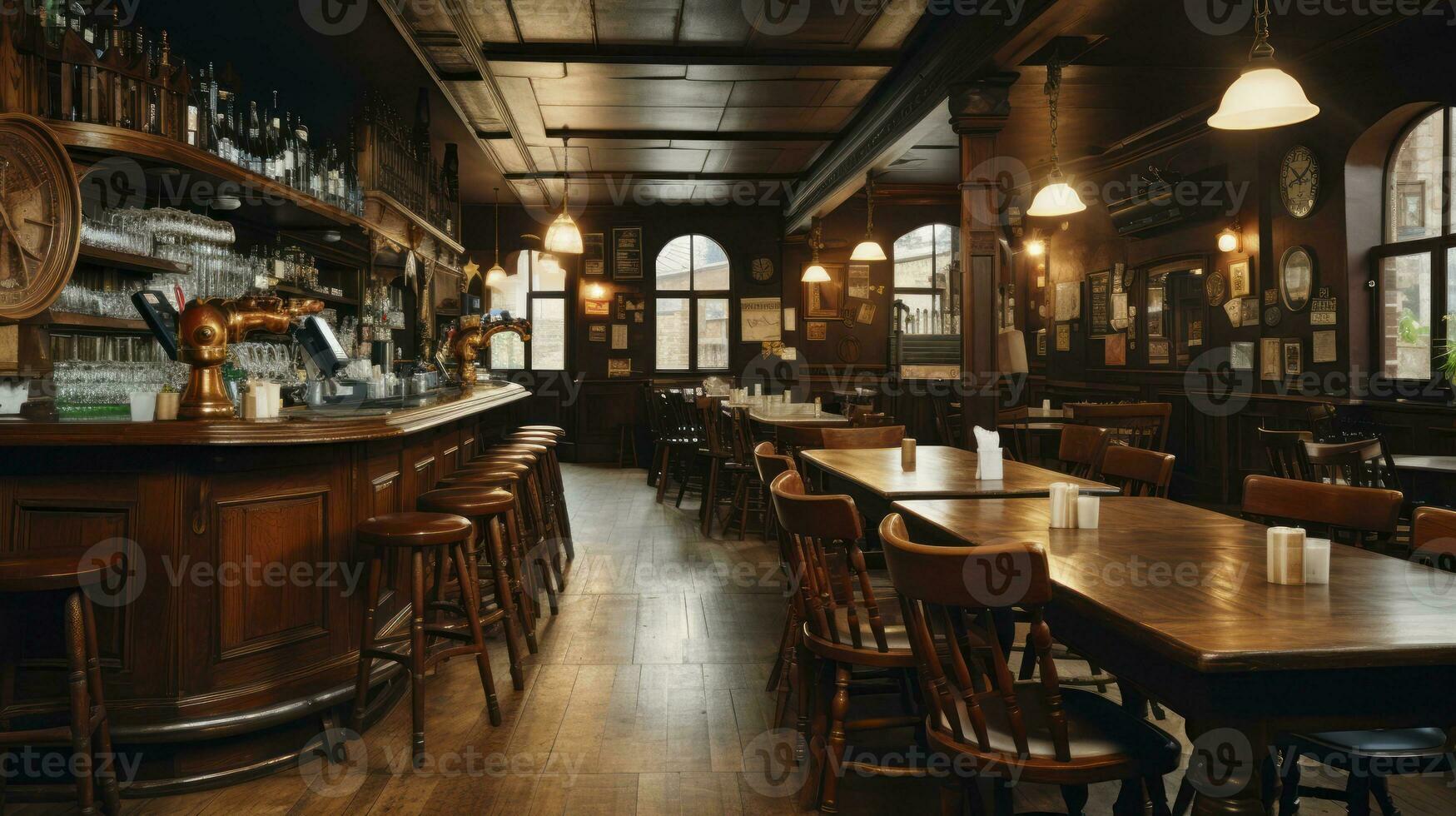 rustique festivités. une jeter un œil à l'intérieur un authentique irlandais la taverne en bois la grâce. génératif ai photo