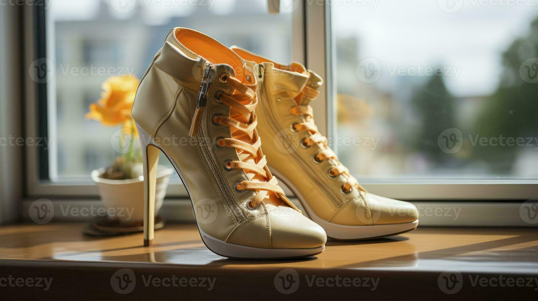 une femme des chaussures prêt gracieusement sur une ensoleillé fenêtre seuil. génératif ai photo