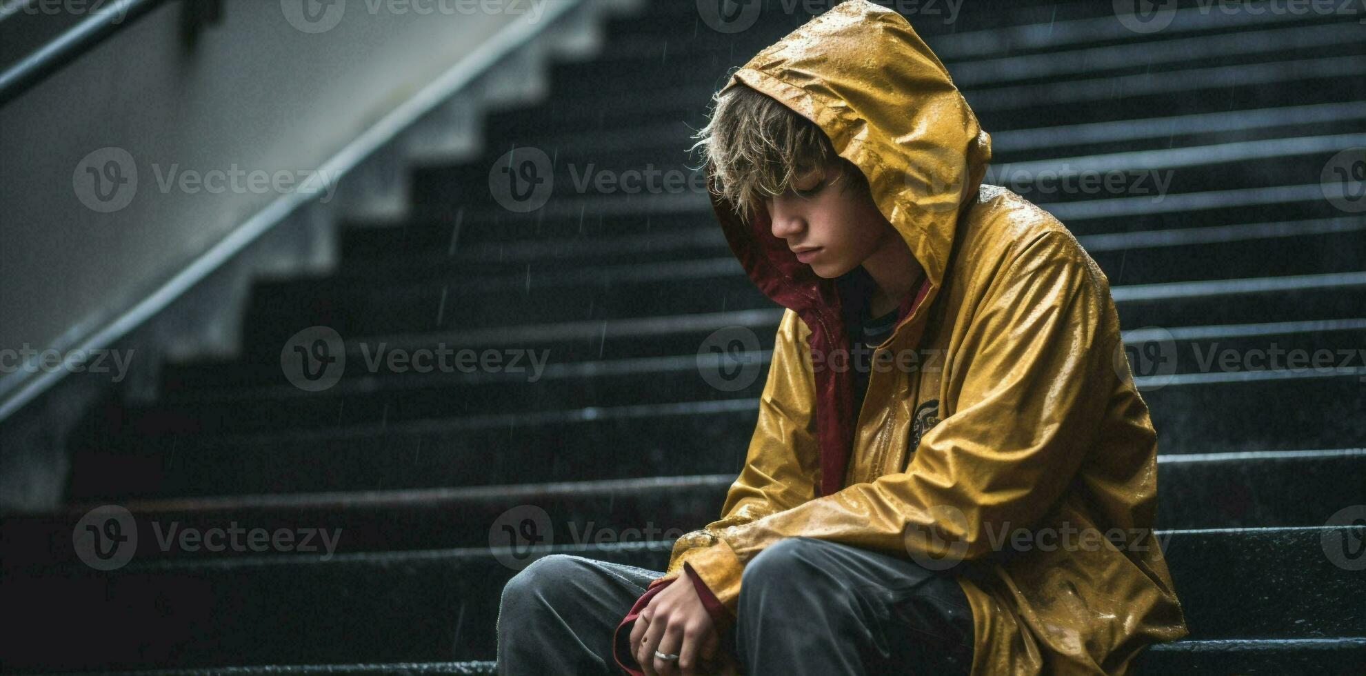 portrait déprimé adolescent seul abuser de solitude triste ville séance Jeune stress désespoir problème pluie Urbain photo