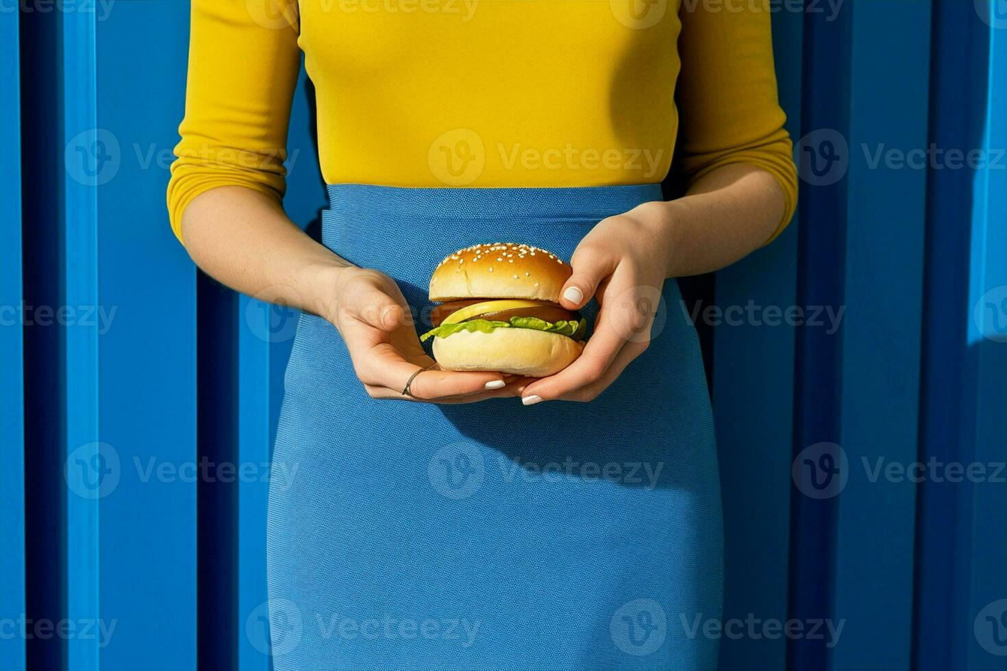 concept femme Burger salade Hamburger Jaune bleu repas main art américain vite Contexte délicieux photo