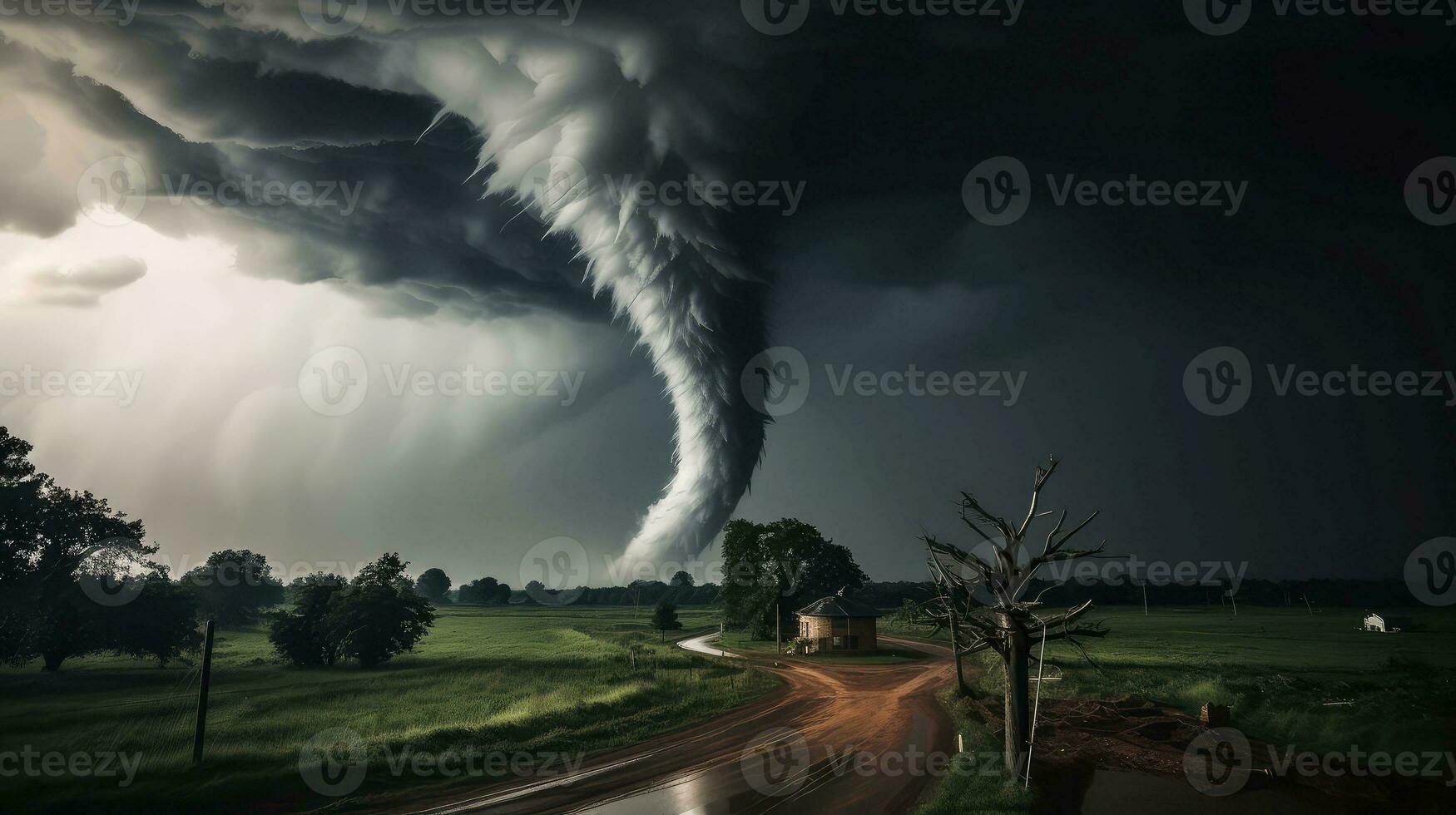 tornade dans orageux paysage, tonnerre tempête, climat changement, Naturel catastrophe, génératif ai illustration photo