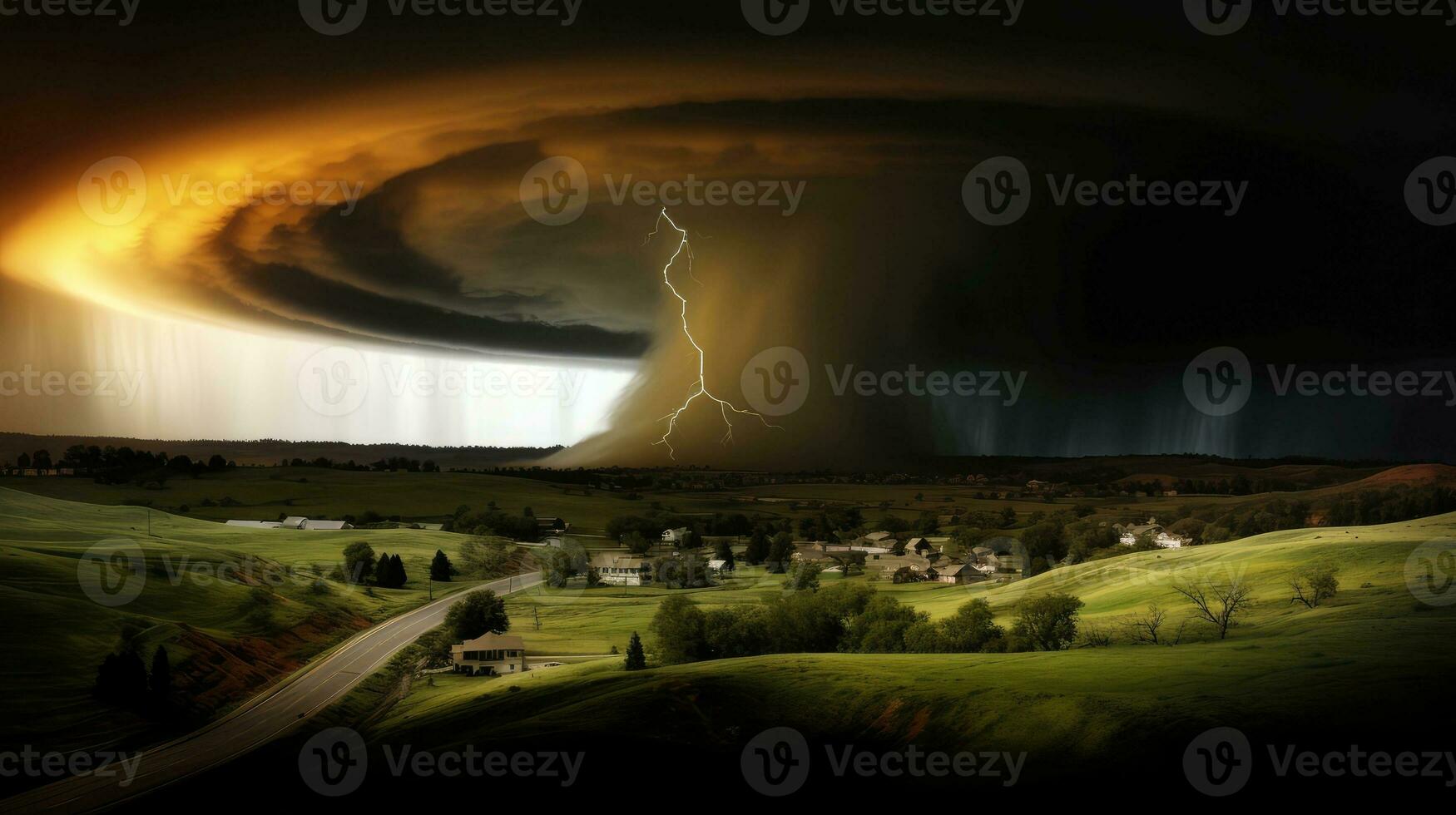 tornade dans orageux paysage, tonnerre tempête, climat changement, Naturel catastrophe, génératif ai illustration photo