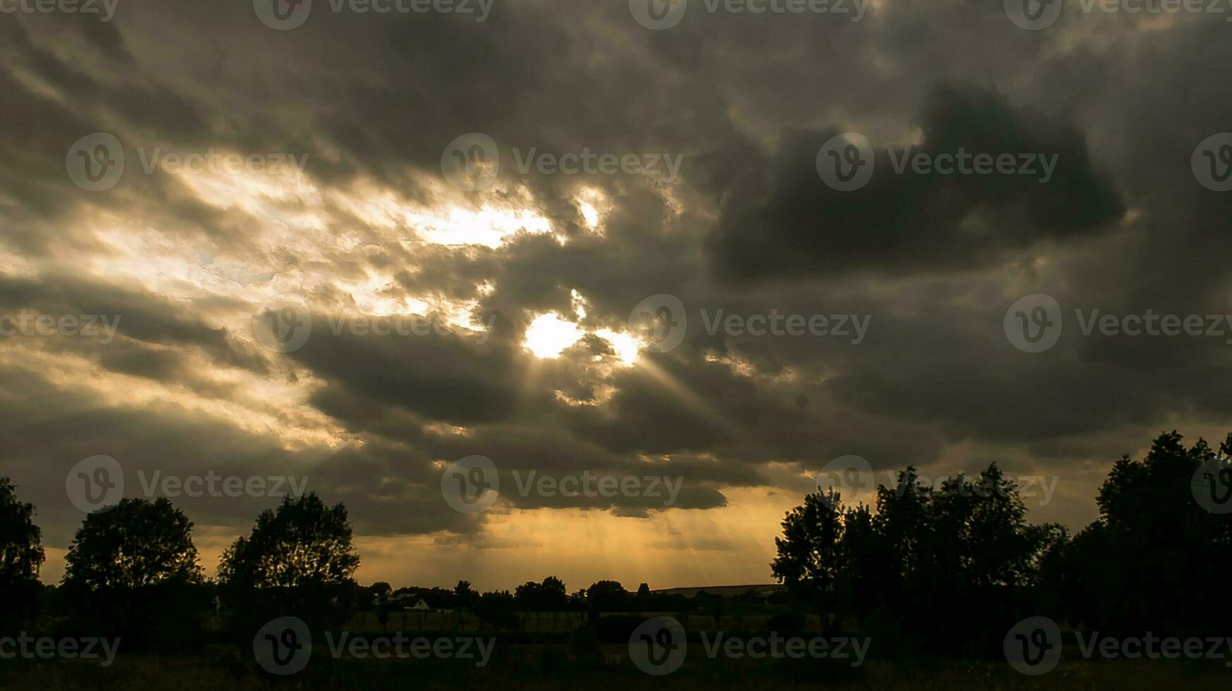 spectaculaire le coucher du soleil à le bord de une forêt dans de face de une champ. pris près Berlin photo