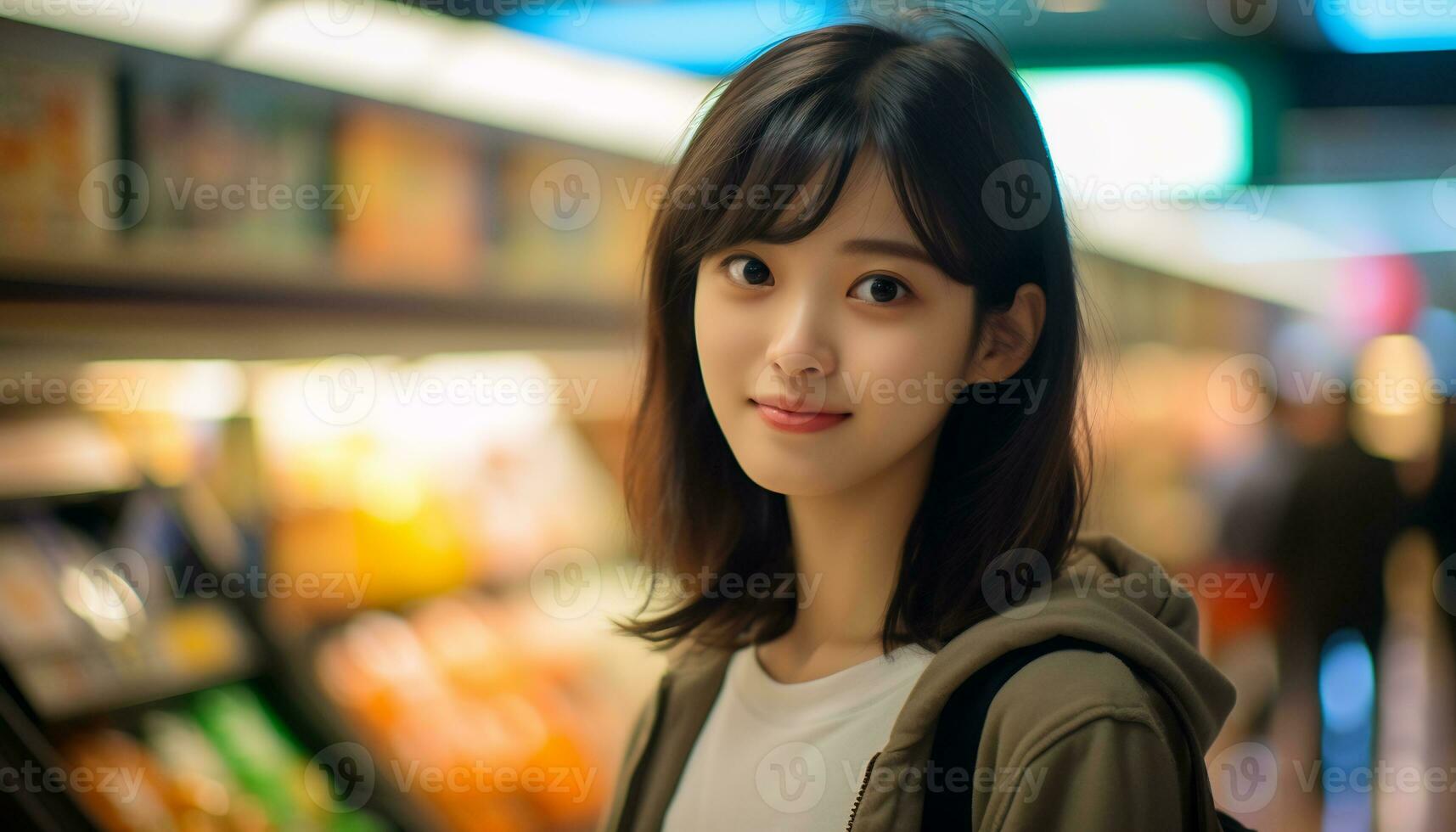 Asie femme délicat visage mignonne sourire à la recherche à caméra ai génératif photo