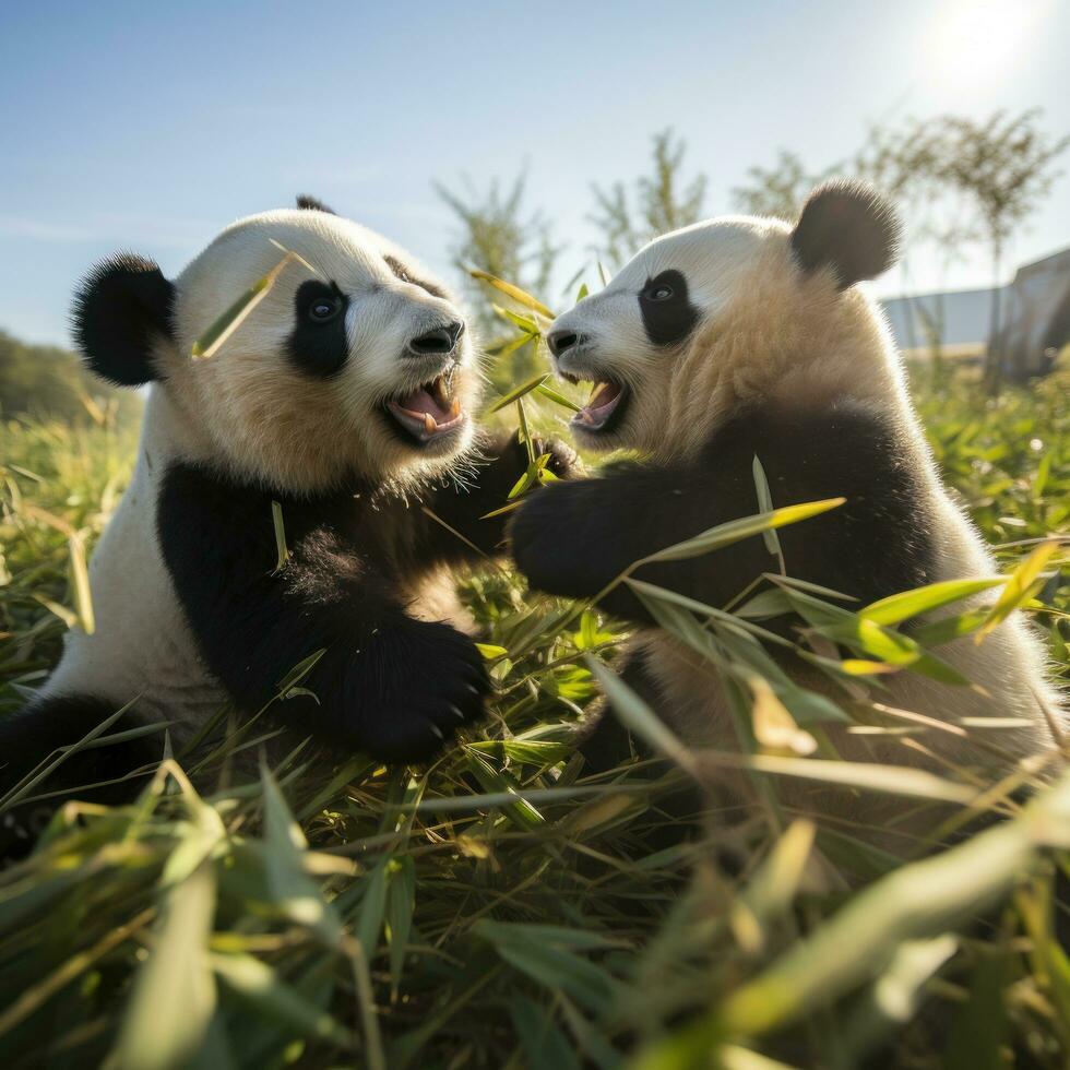 deux pandas ludique lutte dans une herbeux champ photo