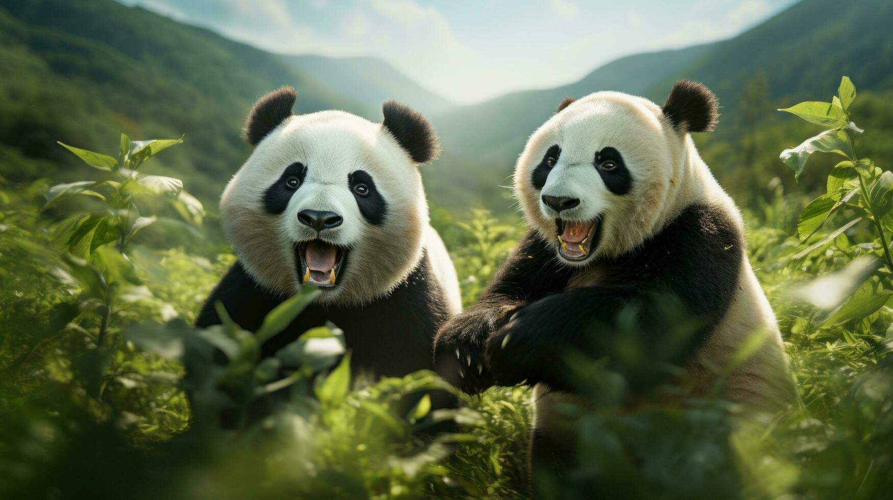 deux pandas ludique lutte dans une herbeux champ photo