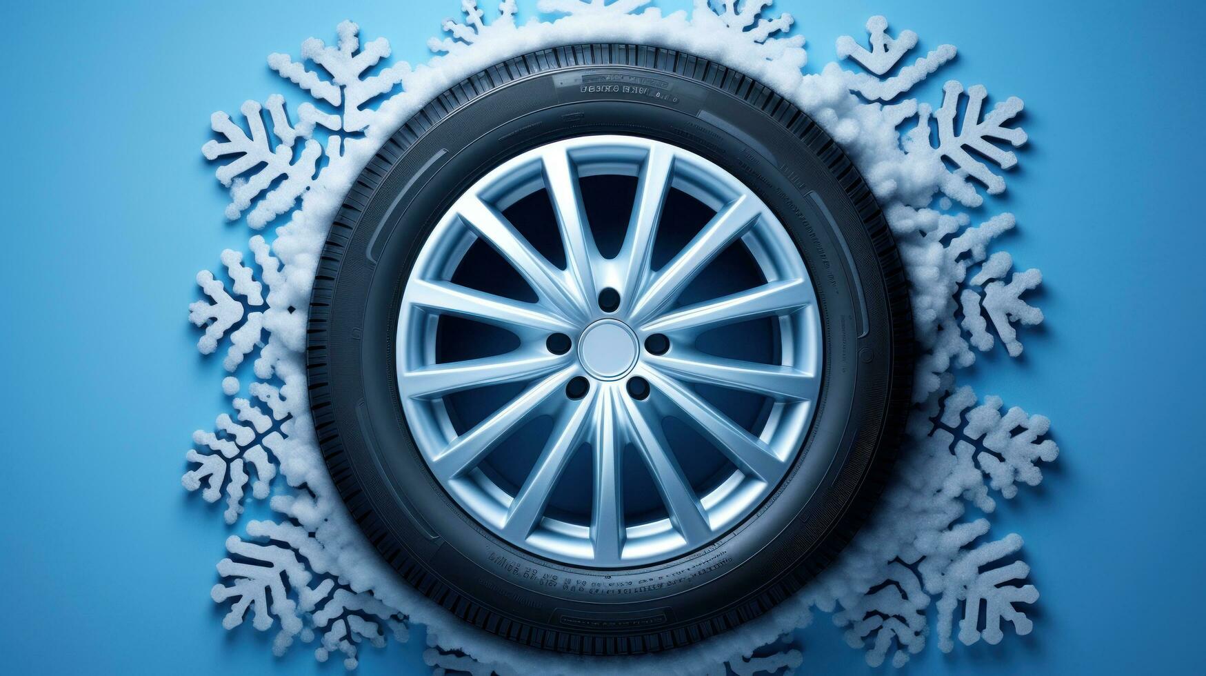 voiture pneu avec réaliste flocons de neige sur bleu Contexte photo