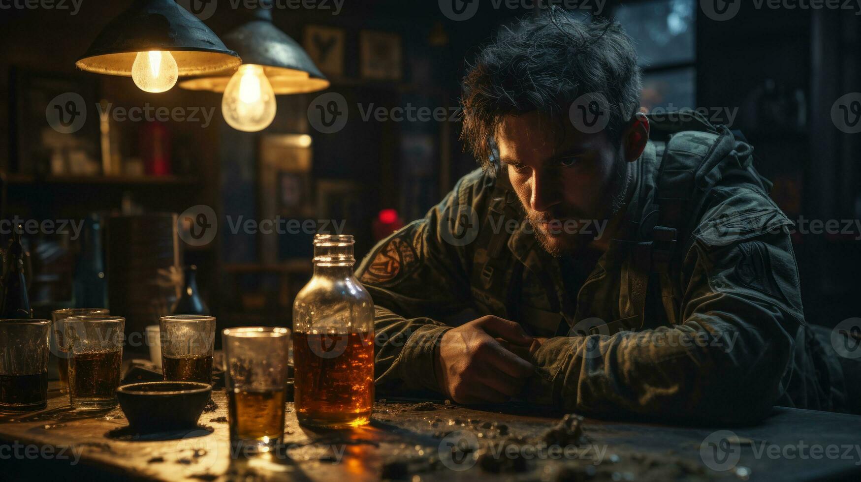 alcoolique militaire homme avec une bouteille de whisky et une verre de whisky. la dépression après guerre. photo