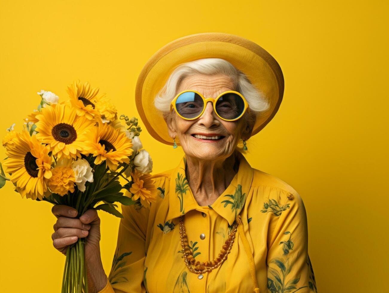 souriant Sénior femme dans Jaune chapeau et des lunettes de soleil pose avec tournesol sur coloré Contexte photo