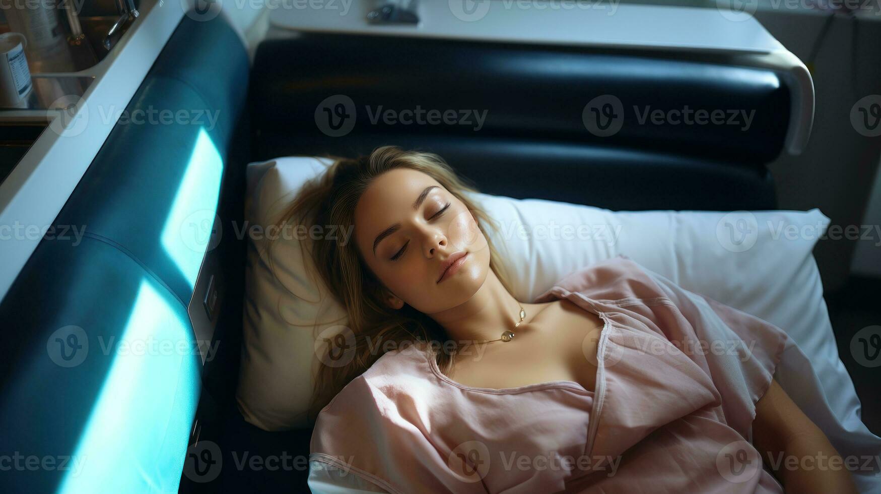 magnifique Jeune femme mensonge sur lit dans hôpital salle. médecins bureau. photo