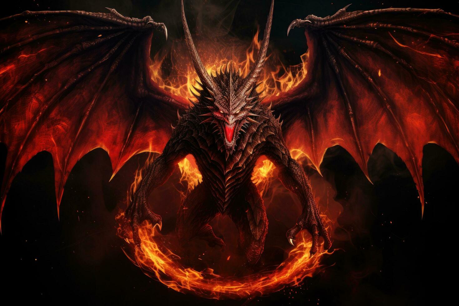 3d le rendu de une fantaisie dragon avec Feu et fumée sur une noir arrière-plan, plein longueur en colère rouge dragon avec gros ailes et Feu sur noir arrière-plan, ai généré photo