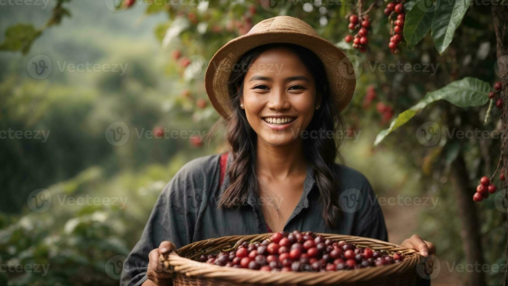content femme akha colline après récolte arabica café baies dans panier bois à jardin.. ai généré photo