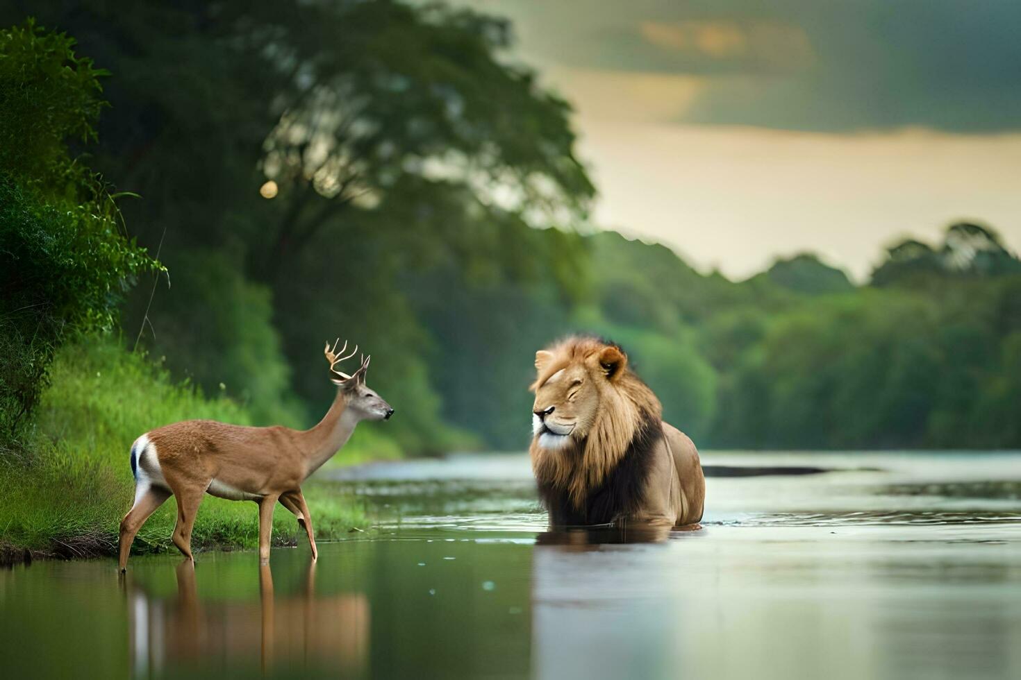 une Lion et une cerf sont permanent dans le l'eau. généré par ai photo