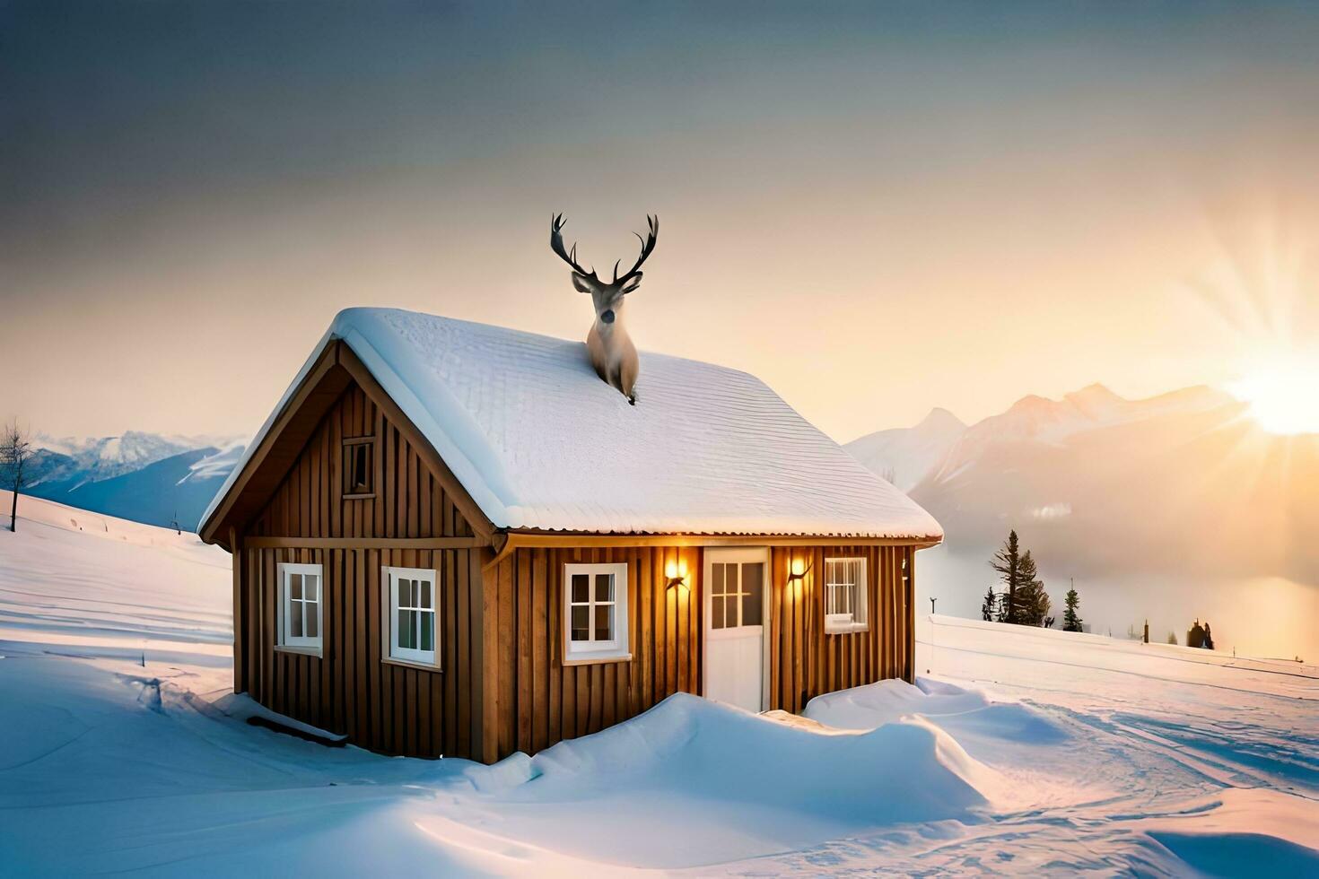 une cerf des stands sur Haut de une cabine dans le neige. généré par ai photo