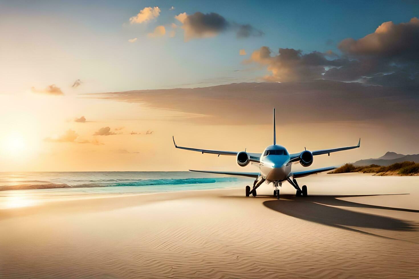 une jet avion est assis sur le plage à le coucher du soleil. généré par ai photo