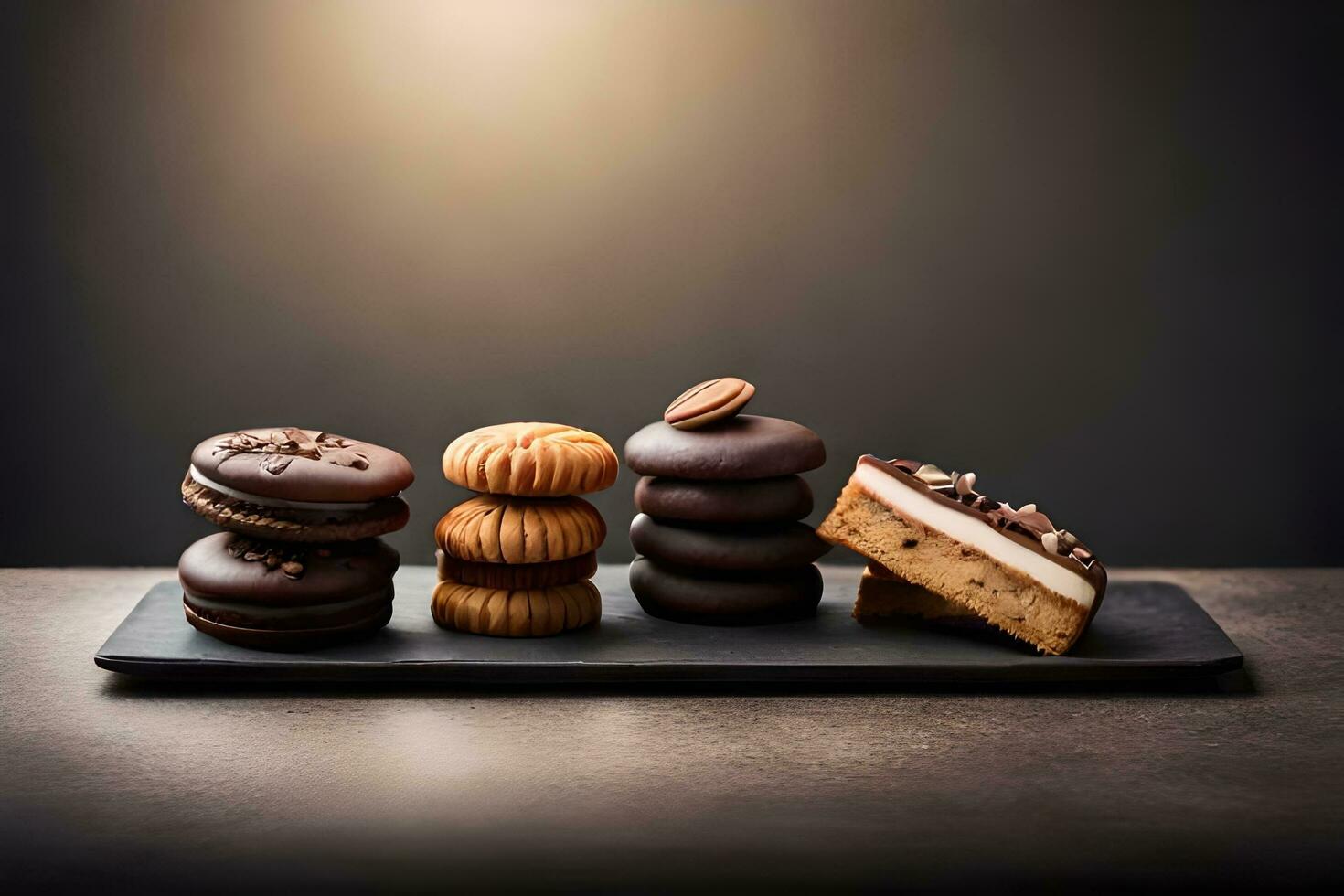 une assiette avec divers biscuits et des pâtisseries. généré par ai photo