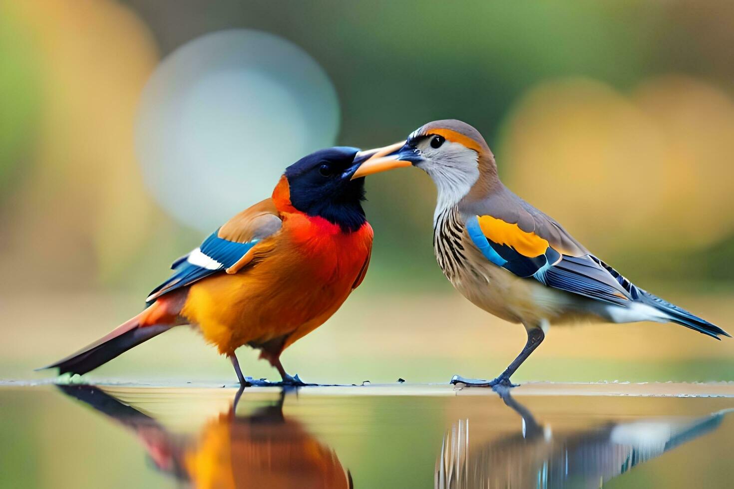 deux coloré des oiseaux permanent sur une étang avec leur réflexion. généré par ai photo