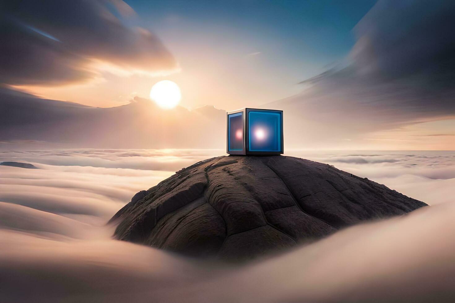 une boîte séance sur Haut de une Roche dans le des nuages. généré par ai photo