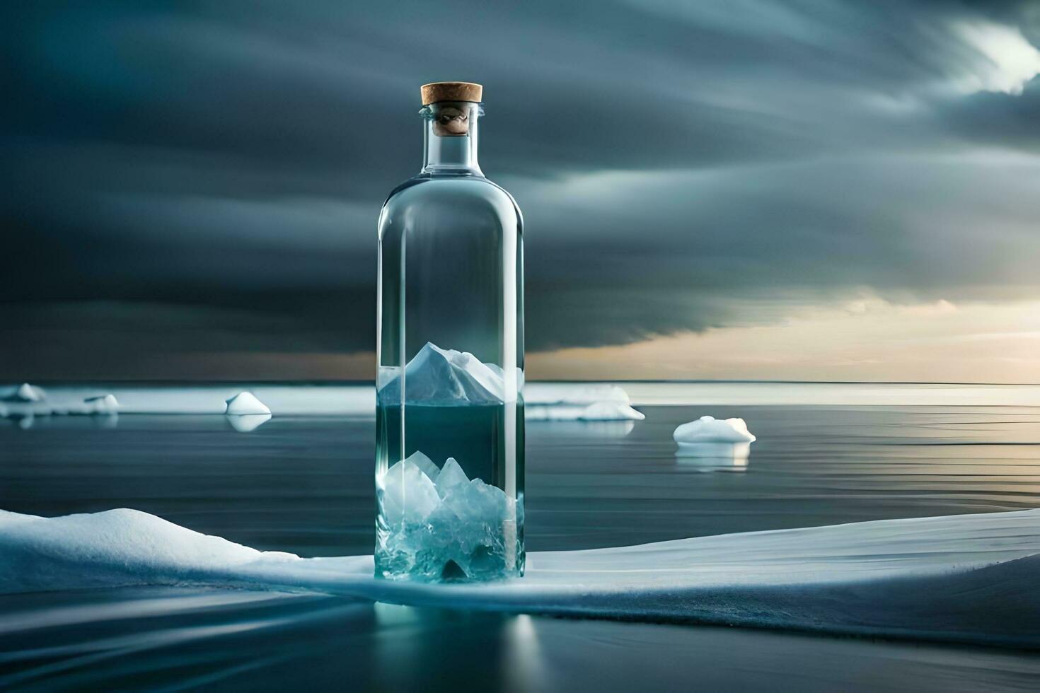 un vide bouteille avec la glace flottant dans il. généré par ai photo