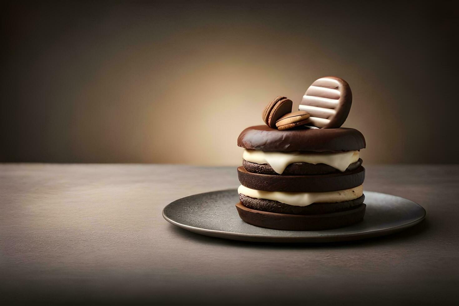 Chocolat gâteau avec crème et des noisettes sur une plaque. généré par ai photo