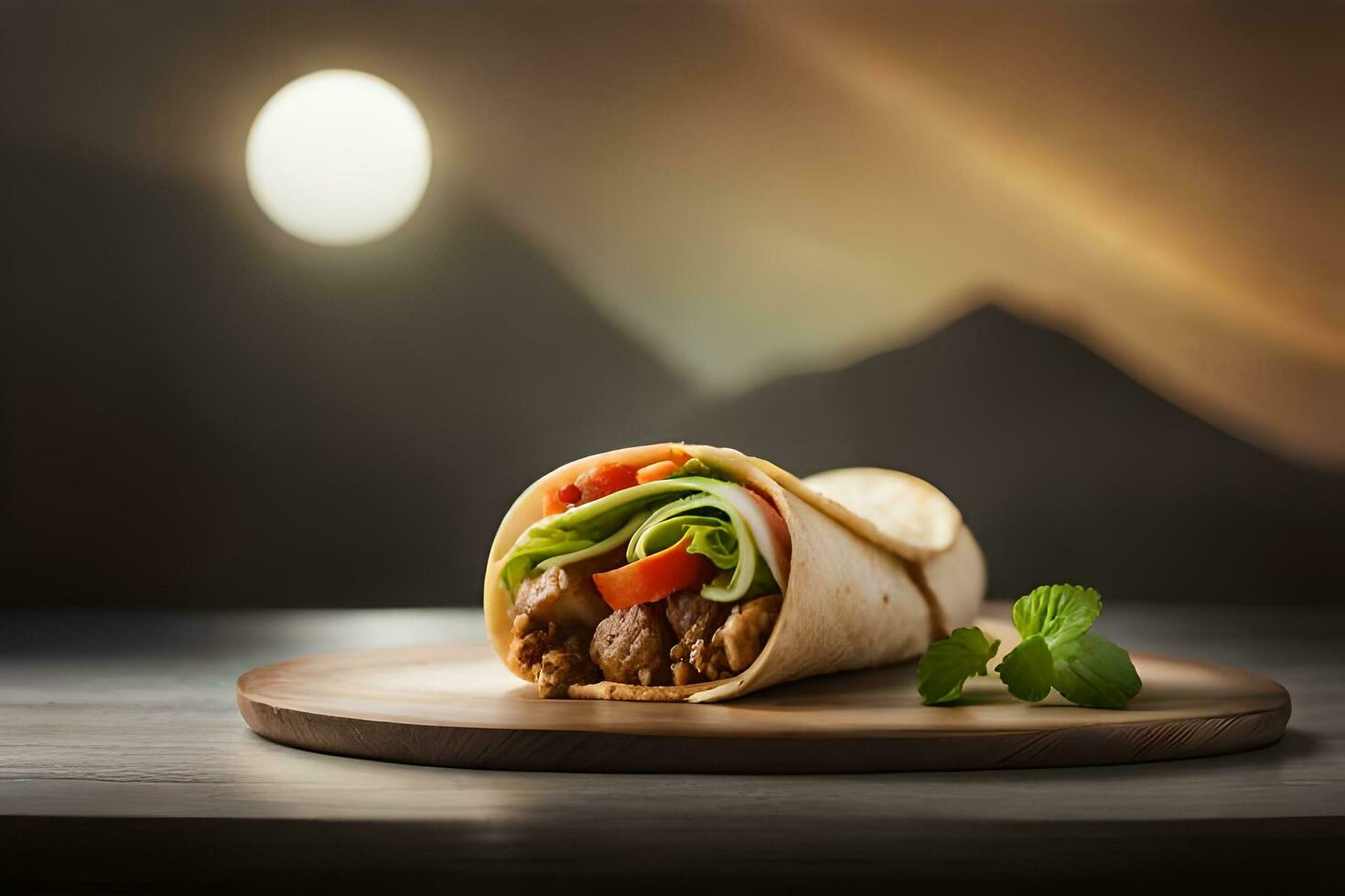 une burrito avec Viande et des légumes sur une en bois planche. généré par ai photo