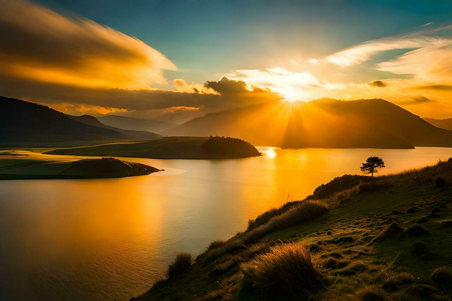 le Soleil monte plus de une Lac et montagnes. généré par ai photo