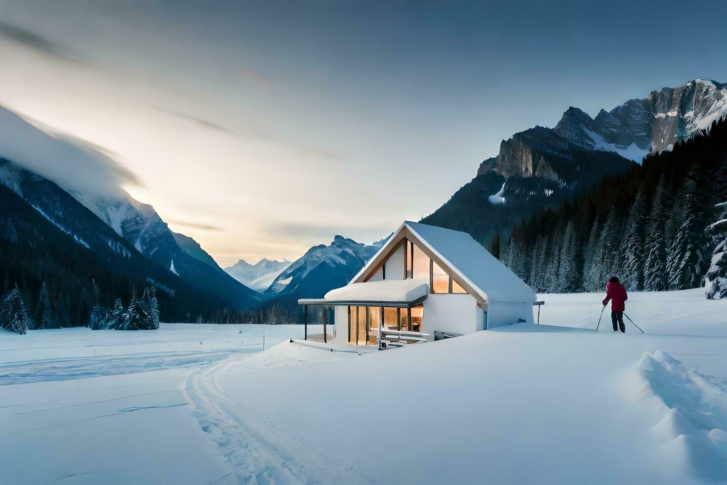 une homme est permanent dans de face de une cabine dans le neige. généré par ai photo