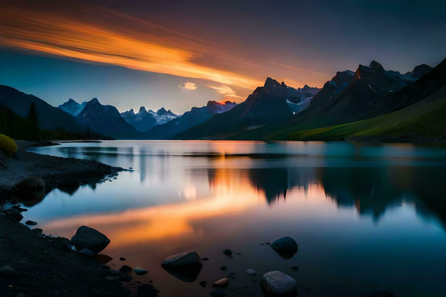 une magnifique le coucher du soleil plus de une Lac et montagnes. généré par ai photo