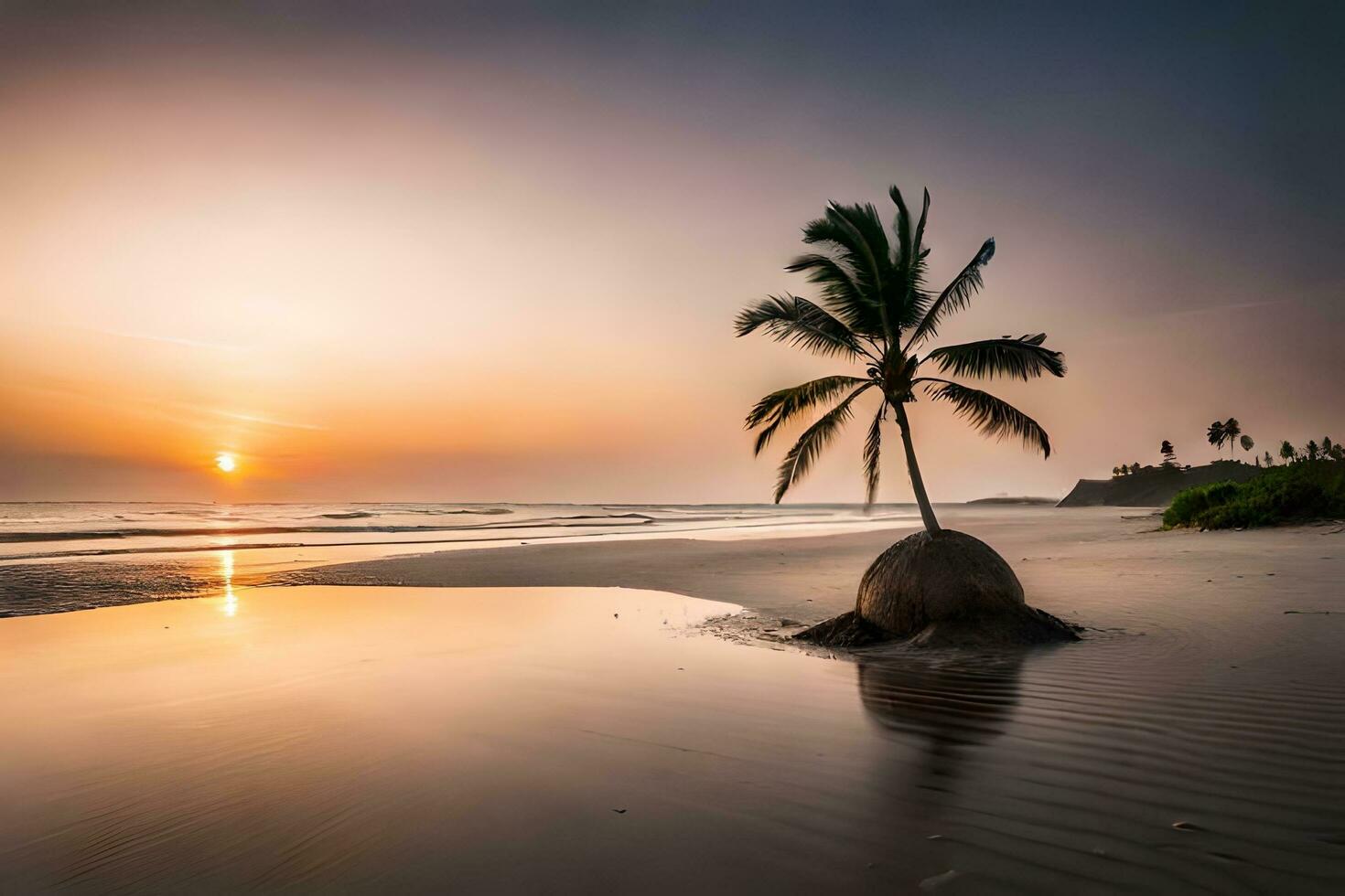 une seul paume arbre des stands sur le plage à le coucher du soleil. généré par ai photo