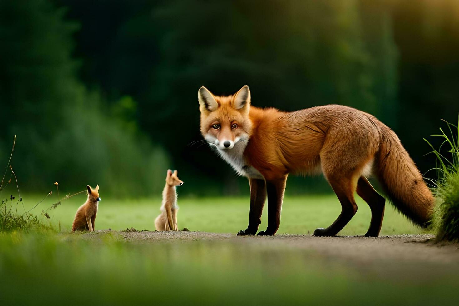 une Renard et deux petit animaux dans le les bois. généré par ai photo